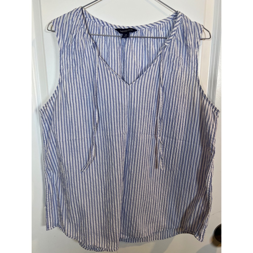 Lands' End Women Sleeveless Seersucker Striped V-Neck Tie Top Blue White Size 14